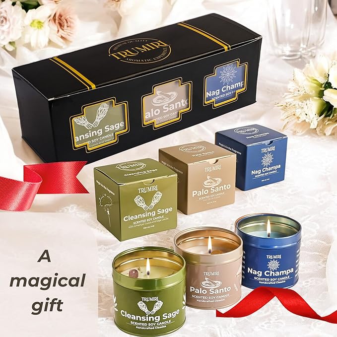 Cleansing Sage, Palo Santo, Nag Champa - Soy Candles Non Toxic - Highly Scented Long Lasting with Essential Oils - Variety Pack of 3 x 5oz - for Home Aromatherapy Meditation Gift Travel TRUMIRI