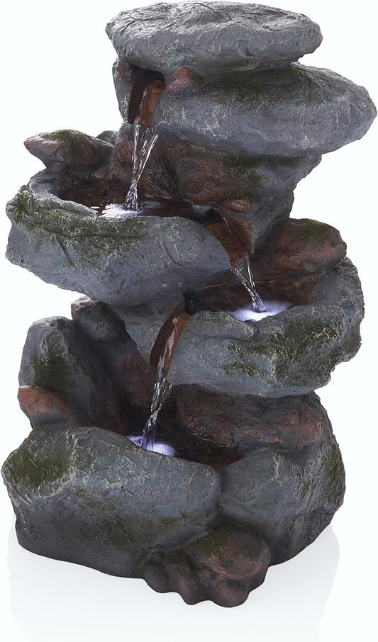 Alpine Corporation | 22"H Outdoor 3-Tier Rock Waterfall Fountain with LED Lights — Natural Stone Look for Garden, Patio, Yard & Porch Décor (Gray) - Bloomnest