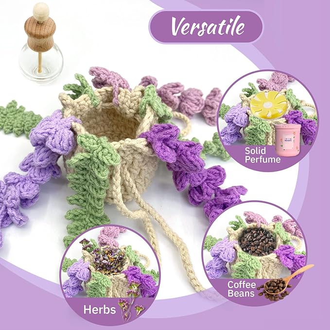 Crochet Car Air Freshener, 15ml Empty Refillable Oil Diffuser Bottle with Crochet Violet Hanging Plant for Car Rearview Mirror Decor, Handmade Home&Office Decor - Bloomnest