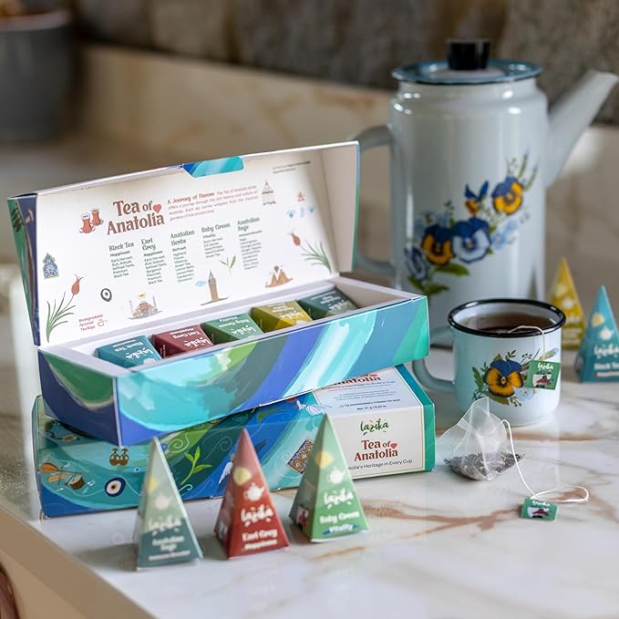 Lazika Tea Variety Pack with Lovely Presentation Box, Black, Green and Herbal Tea Sampler Gift Set, 10 Counts, Premium Collection with Pyramid Infuser Bag, Handcrafted - Bloomnest