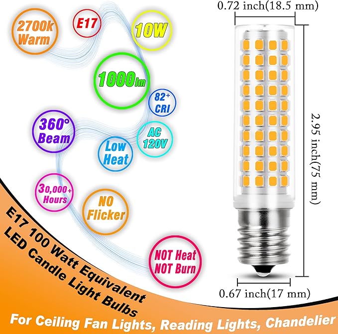 E17 10 Watt LED Bulb 100W Equivalent 2700K Warm White 1000lm Non-Dimmable 120V E17 Intermediate Base LED Bulb for Desk Lamp, Ceiling Fan Lights, Headboard Reading Lights, Chandelier, 3 Pack - Bloomnest