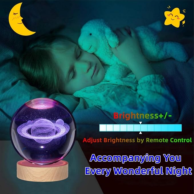 3D Large Saturn Crystal Ball Night Light with Wooden Base, Solar System Crystal Lamp Gift for Kids Wife Friends, 16 Color Changing with Remote Control, 3.15 inch Planet Glass Ball Lamp (Saturn) - Bloomnest