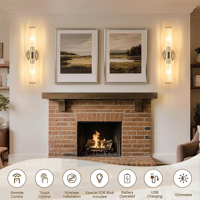 Sand Nickel Battery Operated Wall Sconces Set of Two, Rechargeable Wall Sconce with Dimmable Remote Control, 20 Inch Wireless Sconce Wall Light for Bedroom, Living Room (Bulbs Included) - Bloomnest