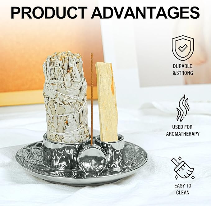 4 in 1 Incense Holder, Ceramic Incense Stick and Palo Santo Holder,Sage Holder for Burning- 5.5" Ceramic Ash Catcher Tray for Meditation and Yoga Room (Silver) - Bloomnest