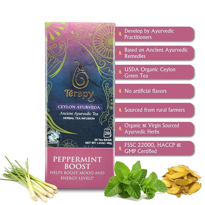 Térapy Ceylon Peppermint Tea | All Natural Herbal Ingredients | 100% Organic Peppermint Tea Bags Individually Wrapped | Eco-friendly & Unbleached Herbal Tea Bags | 20 Count - Bloomnest