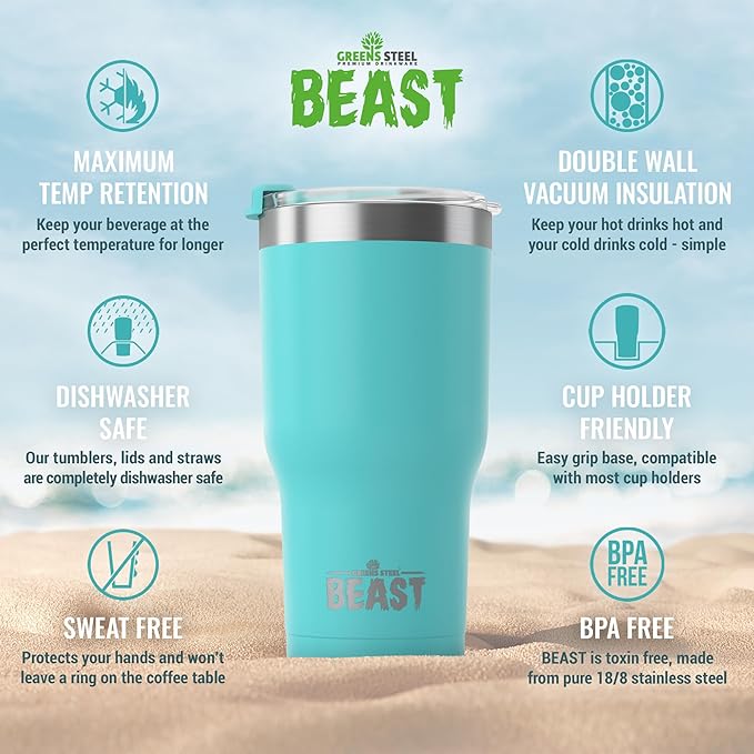 Beast 20 oz Tumbler Stainless Steel Vacuum Insulated Coffee Ice Cup Double Wall Travel Flask (Aquamarine Blue) - Bloomnest