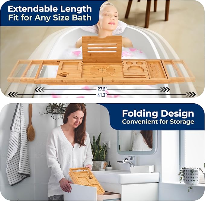 SereneLife Premium Foldable Bathtub Tray with Gift Box and Bow Set, Expandable Bath Tray, Unique House Warming Gifts, for Mom, Women, New Home, Wedding, Anniversary, Bridal Shower, Fit for All Tub - Bloomnest