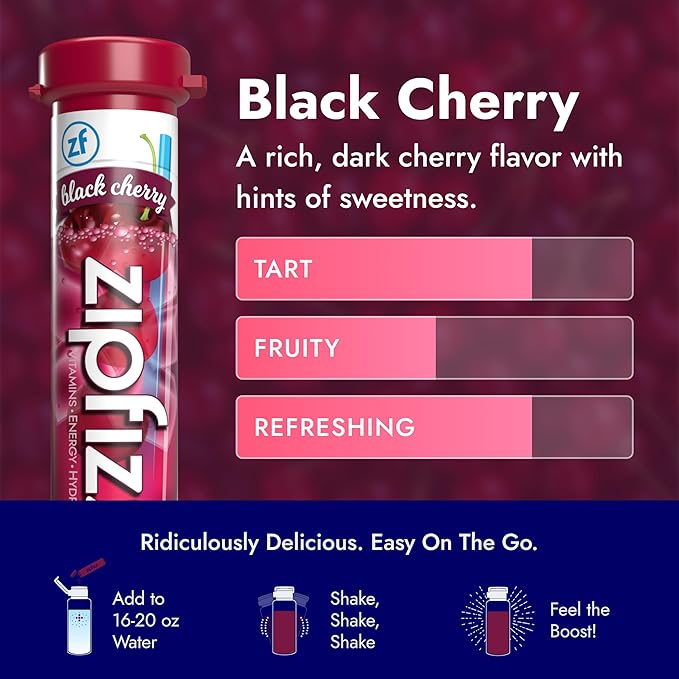 Zipfizz Daily Energy Drink Powder, Black Cherry, 20 Pack | 3-in-1 Sustained Energy, Rapid Hydration, and Essential Vitamins | Sugar-Free | Electrolyte Powder | Contains Vitamin B-12 & Antioxidants - Bloomnest