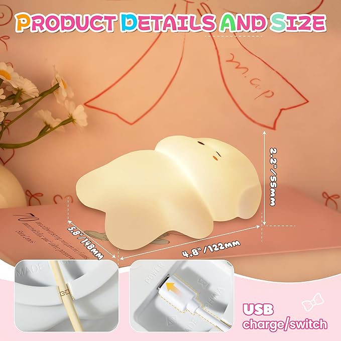 Night Light for Kids, Rechargeable Dimmable Silicone LED Nightlight with 7 Colors, Baby Nursery Night Lamp, Touch Squishy Lamp, Cute Gifts for Girls, Boys, Toddler Room Decor, Lying Dog - Bloomnest