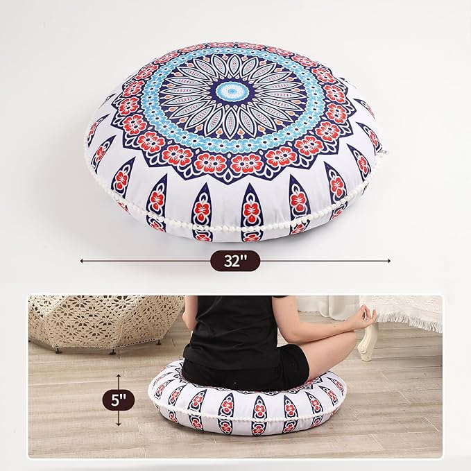 32 inches Floor Cushion for Adults, 2 Pack Round Large Thick Meditation Floor Pillow, Memory Foam Filling, Floral