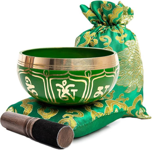Tibetan Singing Bowl Set - Authentic Handcrafted Mindfulness Meditation Holistic Sound 7 Chakra Healing by Himalayan Bazaar (Emerald) - Bloomnest