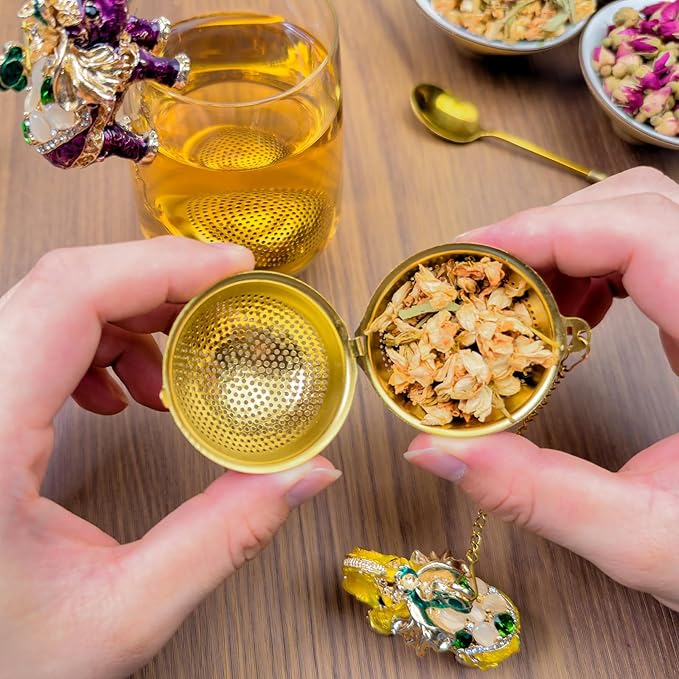 Stainless Steel Metal Tea Ball, 1.37-inch Tea Strainer, Crystal Diamond Elephant Tea Infuser for Loose Leaf Tea Festival Gifting and Personal Use, Gift Box Packaging（Gold）