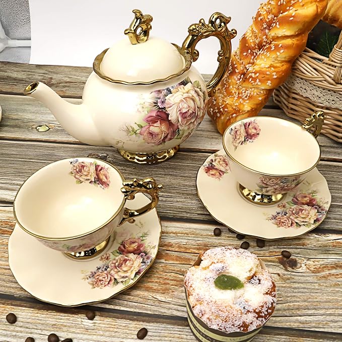 fanquare 15 Pieces British Porcelain Tea Set, Floral Vintage China Coffee Set, Wedding Tea Service for Adult, Big Tea Cup - Bloomnest