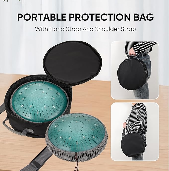Steel Tongue Drum 12 Inch 15 Notes: Handpan Drums Set with Music Book Mallets Carry Bag - Hand Pan Instrument for Adults Musical Education Meditation Yoga Chakra (Green)