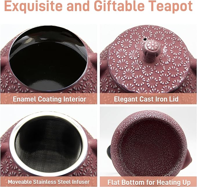 Cast Iron Teapot, 20.3oz Small, Enameled Interior, Stainless Steel Infuser for Loose Tea (Pink Gerbera Pattern) - Bloomnest