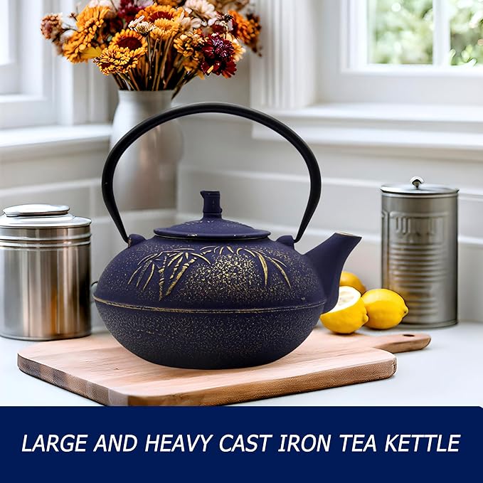 YJX 84.6oz/2500ml Big Cast Iron Tea Kettle for 5 to 8 Persons, Teapot with Stainless Steel Infuser, Cast Iron Teapot with Enamel Interior for Stovetop Safe (2500ml Purple Teapot with Bamboo Pattern) - Bloomnest