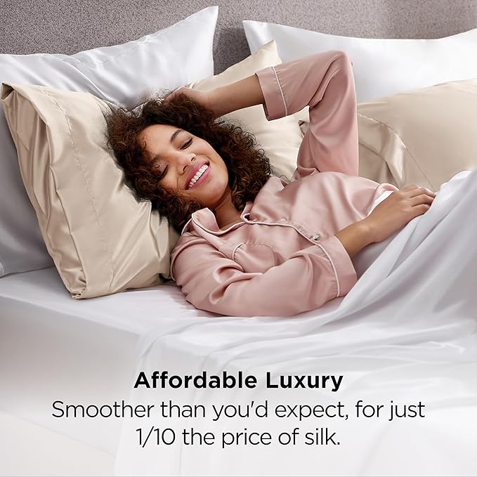 Bedsure King Size Satin Pillowcase Set of 2 - Beige Silky Pillow Cases for Hair and Skin with Envelope Closure, Similar to Silk Pillow Cases, Gifts for Women Men, 20x36 Inches, 2pcs - Bloomnest