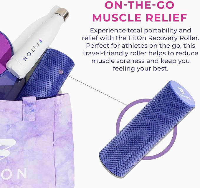 FitOn Recovery Fitness Foam Roller - High Density Travel Exercise Roller for Muscle Recovery, Massage and Deep Tissue Relief - Compact and Portable for Exercise, Travel, and Fitness - 12"x4", Purple - Bloomnest