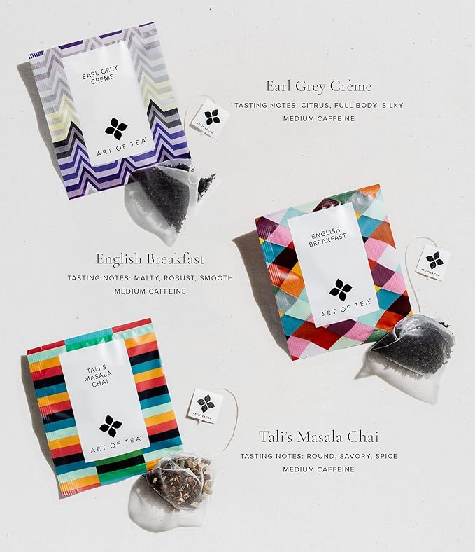 Art of Tea | Assorted Tea Sampler | 12 Count Sampler Box | Breakfast Tea, Earl Grey Creme, Egyptian Chamomile (Non-Caffeinated), French Lemon Ginger (Non-Caffeinated), Green Pomegranate, Mint Green, Tali's Masala Chai, Happy Tea, and White Coconut Creme - Bloomnest