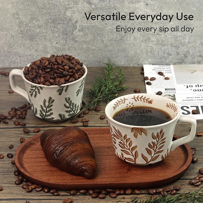 Ceramic Coffee Mug, 12 oz Novelty Unique Teacup with Handle, Stoneware Cup for Tea Mocha Latte Cappuccino Espresso (Set of 2, Ivy and Leaf) - Bloomnest