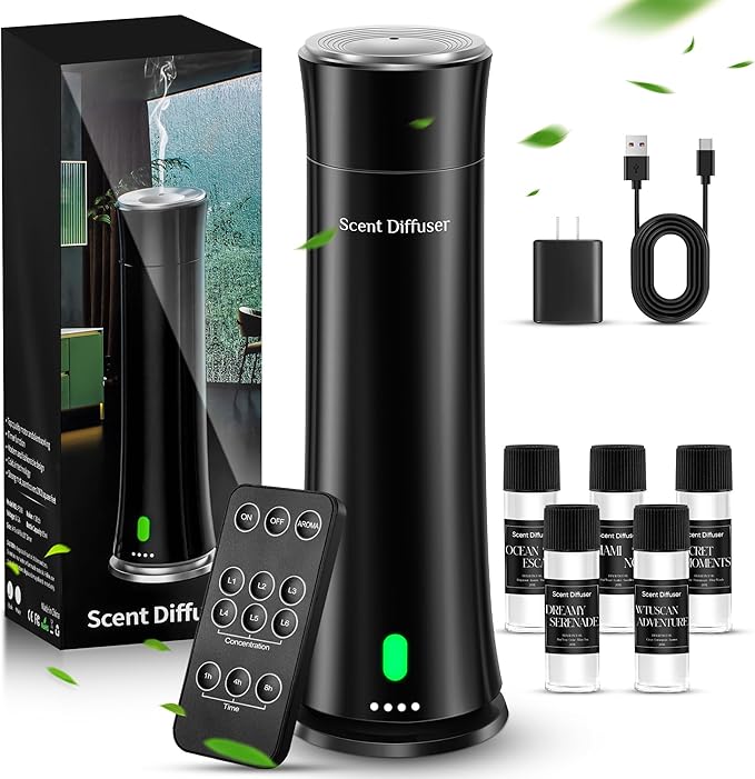 Hotel Scent Diffuser Starter Kit - 1500 Sq Ft Coverage, Hotel Scents Collection, Suitable for Waterless Diffuser Large Room, Contains Five Aromatherapy Essential Oils, Remote Control, Black - Bloomnest