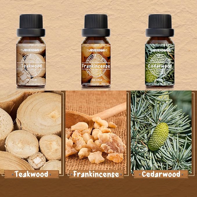 Woody Essential Oils Set, ARVIDSSON Woodsy Fragrance Oil for Candle Making, Sandalwood, Leather, Teakwood, Frankincense, Cedarwood, Pine, Diffuser Essential Oil for Men and Women - Bloomnest