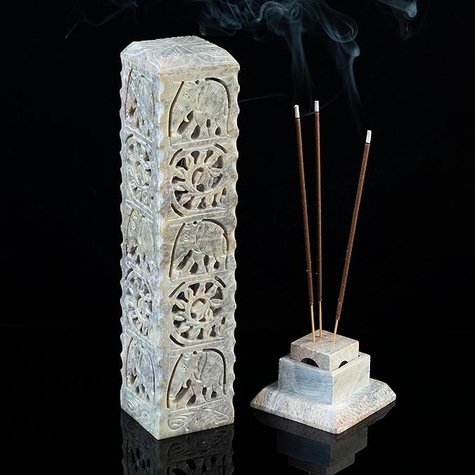 Crocon Handmade Incense Stick Holder Soapstone Incense Tower Burner | Candle Stand Tea Light Holder |Office Decor Room Fragrance Decorative Kitchen Home Spa Great Gift Set - 11X3X3 Inch