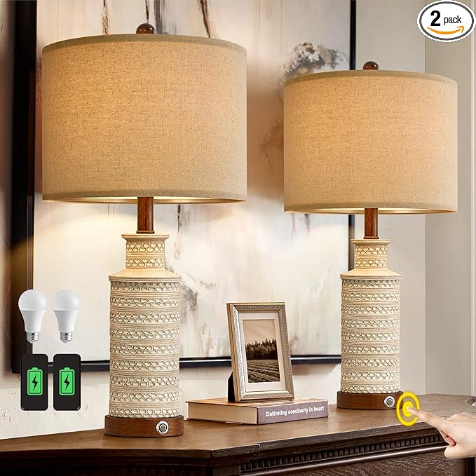 BOBOMOMO 24.5'' 3-Way Dimmable Touch Control Table Lamp Set of 2 with Dual USB Charging Ports for Bedroom Living Room Vintage Rustic Farmhouse Traditional Nightstand Bedside Lamps(Bulbs Included) - Bloomnest