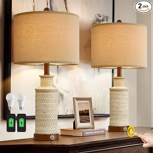 BOBOMOMO 24.5'' 3-Way Dimmable Touch Control Table Lamp Set of 2 with Dual USB Charging Ports for Bedroom Living Room Vintage Rustic Farmhouse Traditional Nightstand Bedside Lamps(Bulbs Included) - Bloomnest