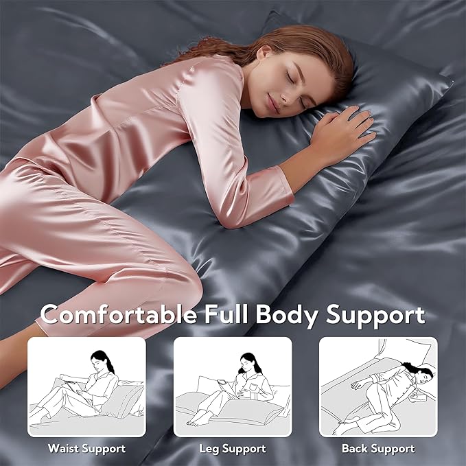 MR&HM Satin Body Pillow Cover, Soft and Breathable Body Pillow Case with Envelope Closure, Cooling and Silky Long Pillowcase for Hair and Skin,Grey (20x54, Space Grey) - Bloomnest