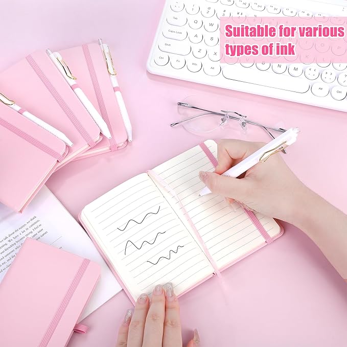 Aodaer 50 Sets Pocket Notebook Journal with Pens, 160 Pages, 3.5 x 5.5 Inch Mini Lined Journal Notebook A6 Leather Hardcover College Ruled Notepad with Pen Holder for School Office Gifts, Pink - Bloomnest