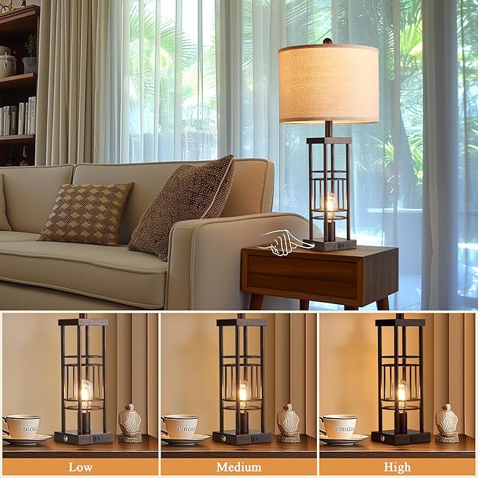 Table Lamp for Living Room Set of 2 with USB Charging Ports, 3-Way Dimmable 27.6" Farmhouse Lamps for Bedroom, Rustic Bedside Lamp, Industrial Nightstand Lamps,Bulbs Included - Bloomnest