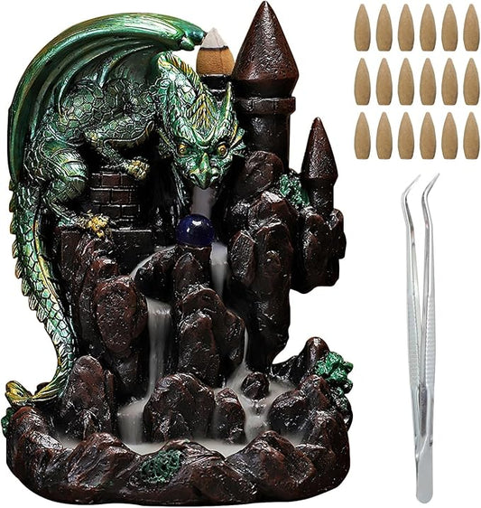 Dragon Backflow Incense Burner, Waterfall Incense Burner Mountain Backflow Incense Holder,Resin Castle and Dragon,Includes 60 Sandalwood Cones and Tweezers,for Home Decoration and Relaxation - Bloomnest