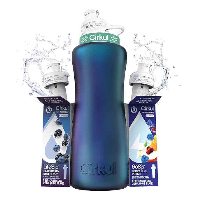 Cirkul 32oz. Chameleon Stainless Steel Water Bottle Starter Kit with Green Lid, 2 Flavor Cartridges (1 LifeSip Blackberry Blueberry, 1 GoSip Berry Blue Punch) No Sugar, Zero Calorie Drink Mix Cirkul