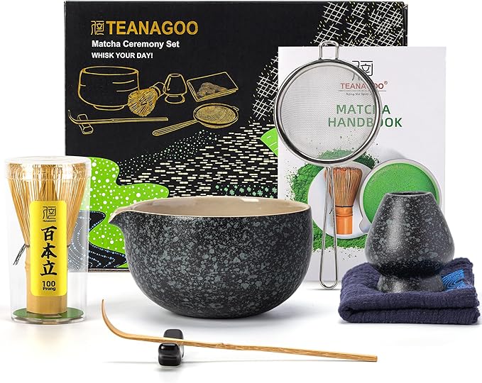 TEANAGOO Matcha Whisk Set Black,7 Pcs Matcha Set,Matcha Kit for Ceremony,Tradition Tea Set for Making Breakfast/Latte,Matcha Whisk Set with Bowl(Chawan)/Whisk and Holder,Gift for Family/Friend - Bloomnest