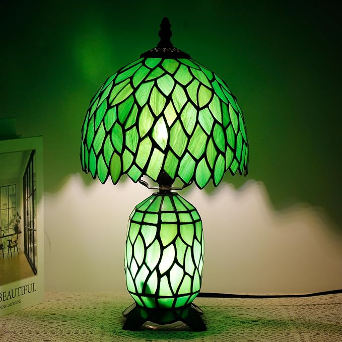 Small Tiffany Lamp Stained Glass Table Lamp Mini Mother Daughter Vase Desk Accent Night Light for Bedroom Bedside Reading Home Antique Style 8X14 Inches (Green Wisteria) - Bloomnest