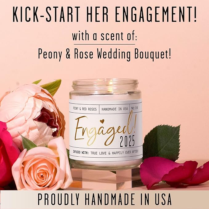 Engagement Gift, Engagement Gifts for Couples -'Engaged 2025' Candle, w/Peony & Rose Wedding Bouquet I Fiance Gifts for Women I Engaged Gift for Her I 50Hr Burn, USA Made - Bloomnest