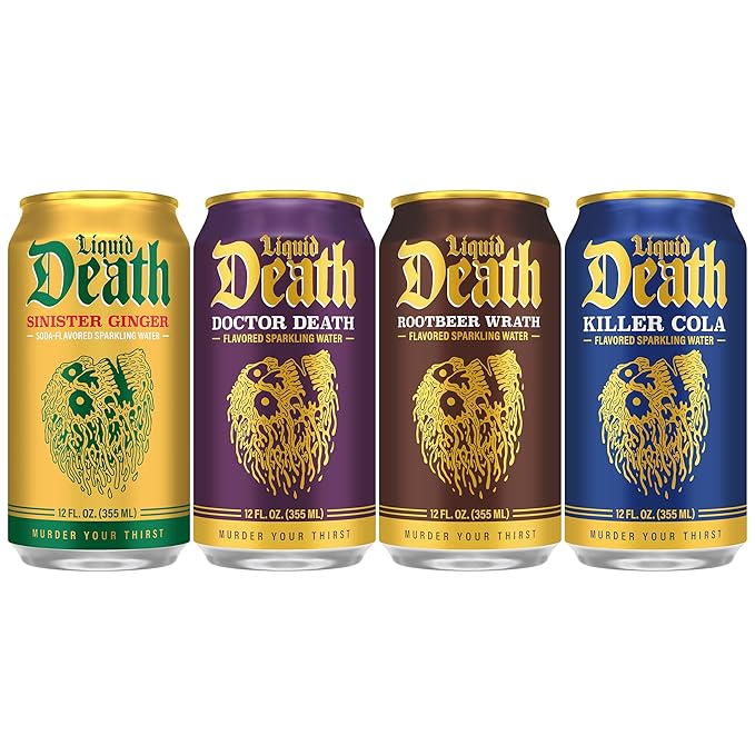 Liquid Death Soda-Flavored Sparkling Water - Classic Variety 2, Less Sugar*, Huge Flavor, No Artificial Sweeteners, 4 Flavors: Sinister Ginger, Doctor Death, Cola, Root Beer, 12 Fl Oz (Pack of 12) - Bloomnest