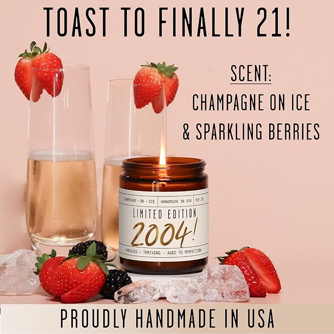 Soy and Sass 21st Birthday Jar Candle - 'Limited Edition 2004' Champagne on Ice Scent, 9oz Reusable Jar, 50Hr Burn, Made in USA - Bloomnest