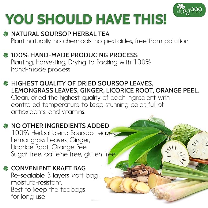 TOG999, Premium Soursop Herbal Tea Bags | 60 Count | Loose Leaf Powder Blend with Soursop Leaves, Lemongrass, Ginger, Licorice Root & Orange Peel – Naturally Aromatic Herbal Tea. Vegan. Caffeine-Free (60 Bags Soursop Herbal Tea) - Bloomnest