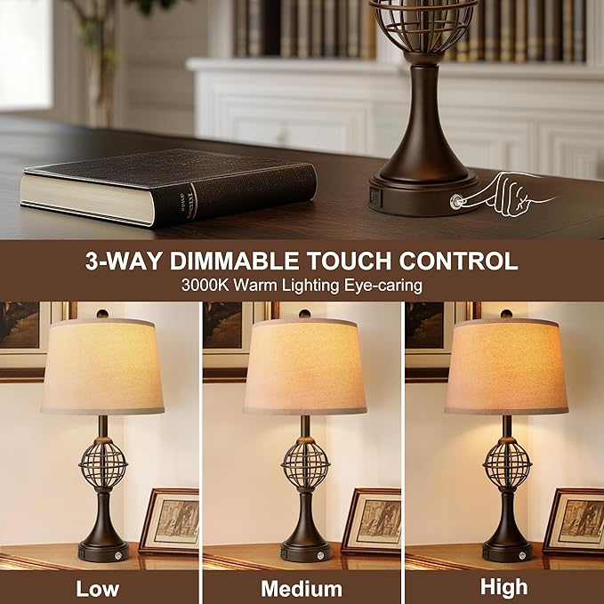Table Lamps for Living Room Set of 2, Farmhouse Touch Lamps for Nightstand with USB A+C, 26.5" Rustic Bedside Lamp for Bedroom End Tables - Bloomnest