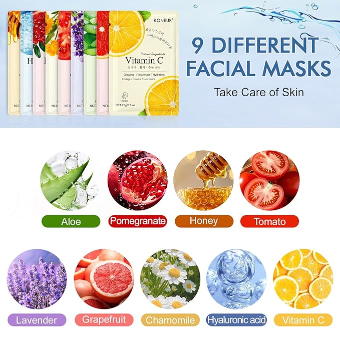 9 Pack Collagen Face Masks Skincare for Women, Hydrating Sheet Face Masks Suitable for All Skin Types, Bulk Facial Masks for Women Skin Care, Face Mask Gifts Set for Spa Party - Bloomnest