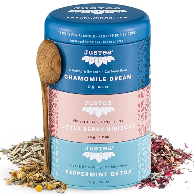JusTea Herbal Tea Trio | Stacking Tins Variety Pack with Hand Carved Tea Spoon | Loose Leaf | Caffeine Free | Award-Winning | Fair Trade | Non-GMO - Bloomnest