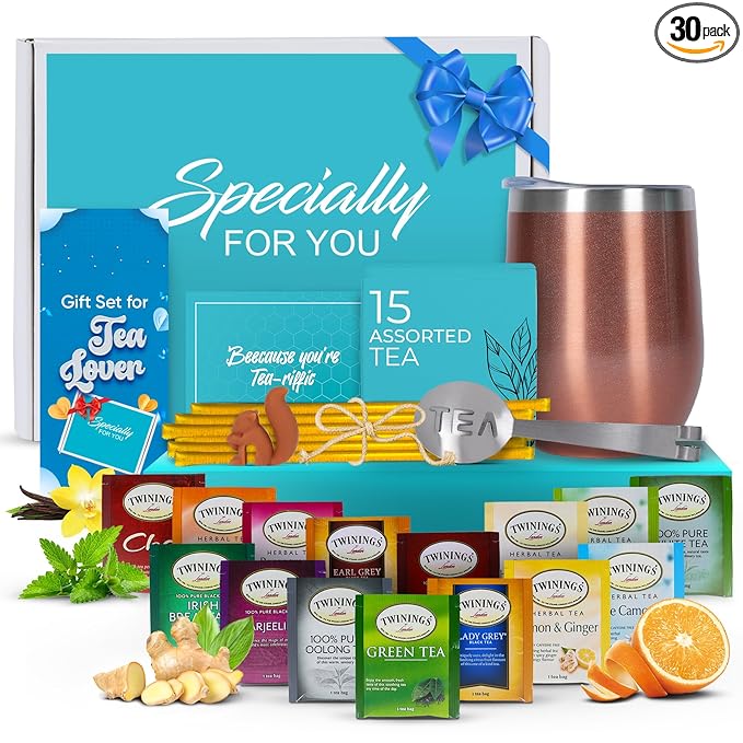 Modern Elegance Tea Tumbler Gift Set – Includes Tea Bag Holder, Spoon, Honey Straw, 15 Assorted Flavor Blends & Hot & Cold 12oz Insulated Tumbler – Ideal for Holiday Gift for Tea Lovers – Rose Gold - Bloomnest