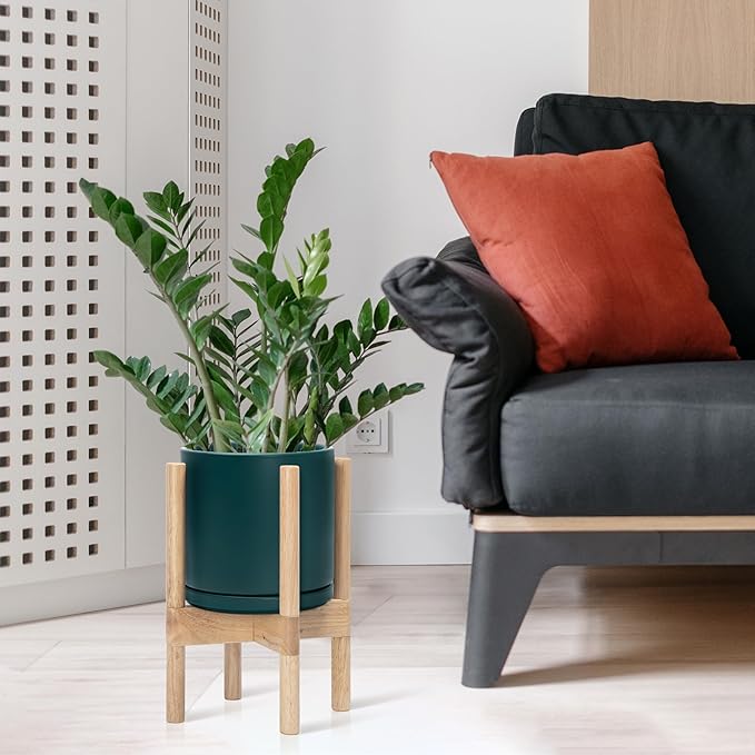 D'vine Dev Ceramic Planter with Natural Stand - 8 Inch Modern Round Flower Pot with Wood Planter Holder, Teal, 55-B-N-4 - Bloomnest