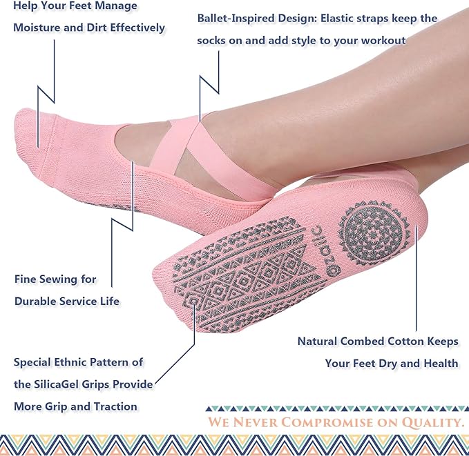 Ozaiic Pilates Socks for Women Non Slip Grip, Yoga Socks with Grippers for Barre, Hospital, Ballet, Dance, Barefoot Workout - Bloomnest
