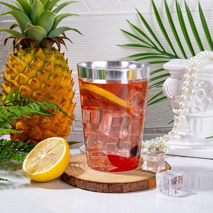 I00000 200 Pack 12 oz Silver Plastic Cups, Silver Rimmed Disposable Cups, Plastic Party Wine Glasses Cocktail Glasses Heavy Duty Cups with Silver Rim, 12 Ounce Tumblers For Party - Bloomnest