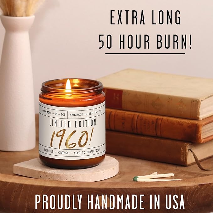 65th Birthday Gifts for Women - 'Limited Edition 1960' Soy Candle, w/Champagne on Ice I 65 Birthday Gifts for Women I 65th Gift for Her Ideas I 9oz Reusable Jar, 50Hr Burn, Made in USA - Bloomnest