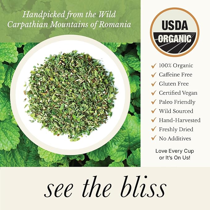 Organic Lemon Balm Tea - Caffeine Free Calming Herbal Tea - Pharmacopoeia Potency - 20 Plant Based Tea Bags - Bloomnest