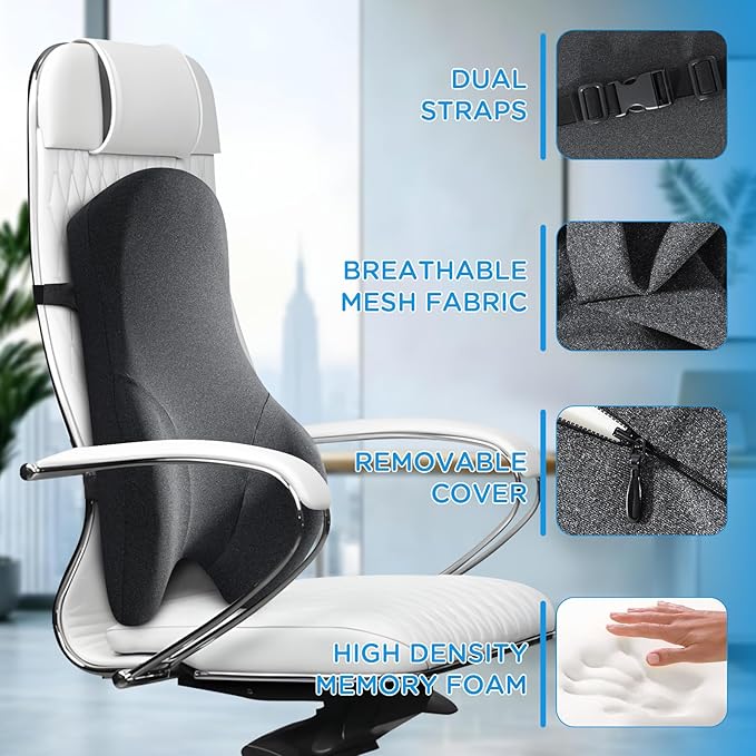 Teemour High Back Support Pillow for Office Chair, Fully Support Entire Back Cushion Pain Relief Promotes Posture- Memory Foam Lumbar Support Pillow for Offfice Chair, Desk, Gaming Chair - Bloomnest